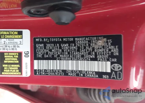 2016 Toyota Corolla Le z USA, uszkodzony, nr VIN 2T1BURHEXGC585574